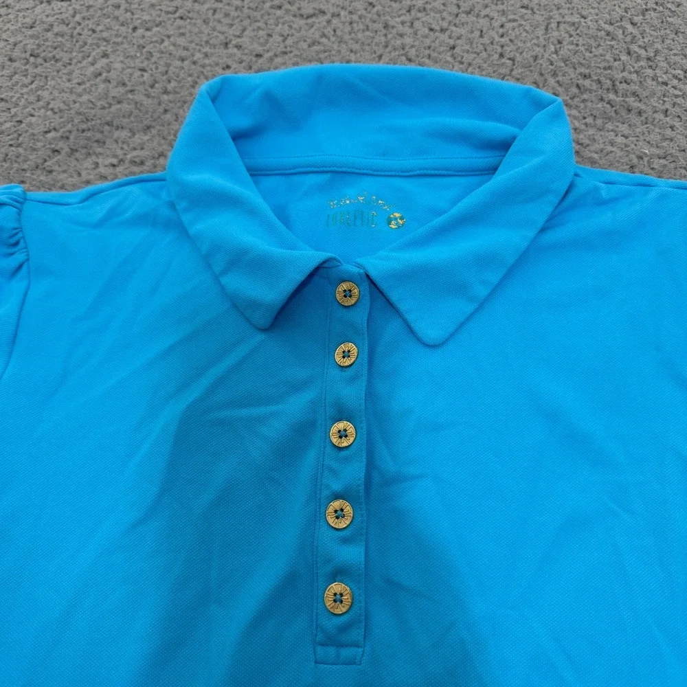 Lilly Pulitzer Luxletic Polo Shirt Womens Small Blue Short Sleeve Gold Buttons